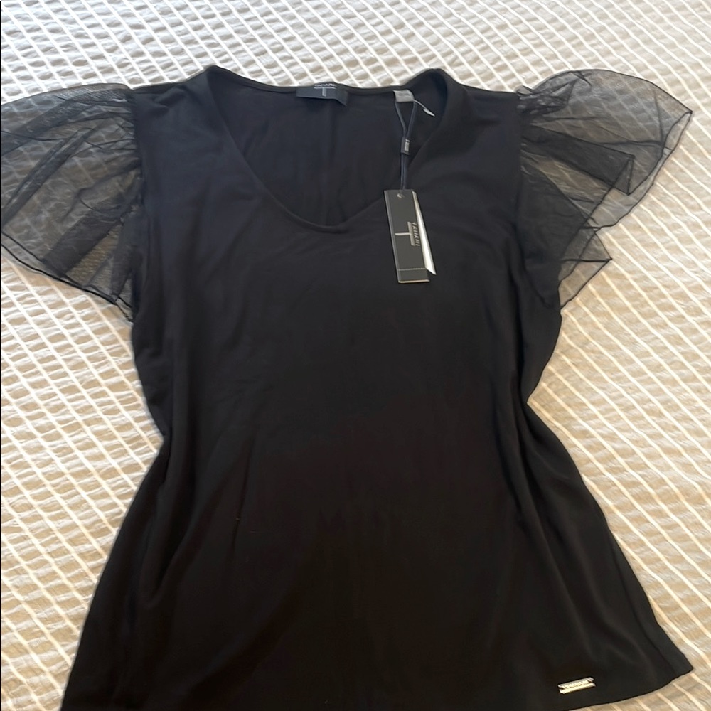 Tahari Black Blouse with Flutter Cap Sleeves
